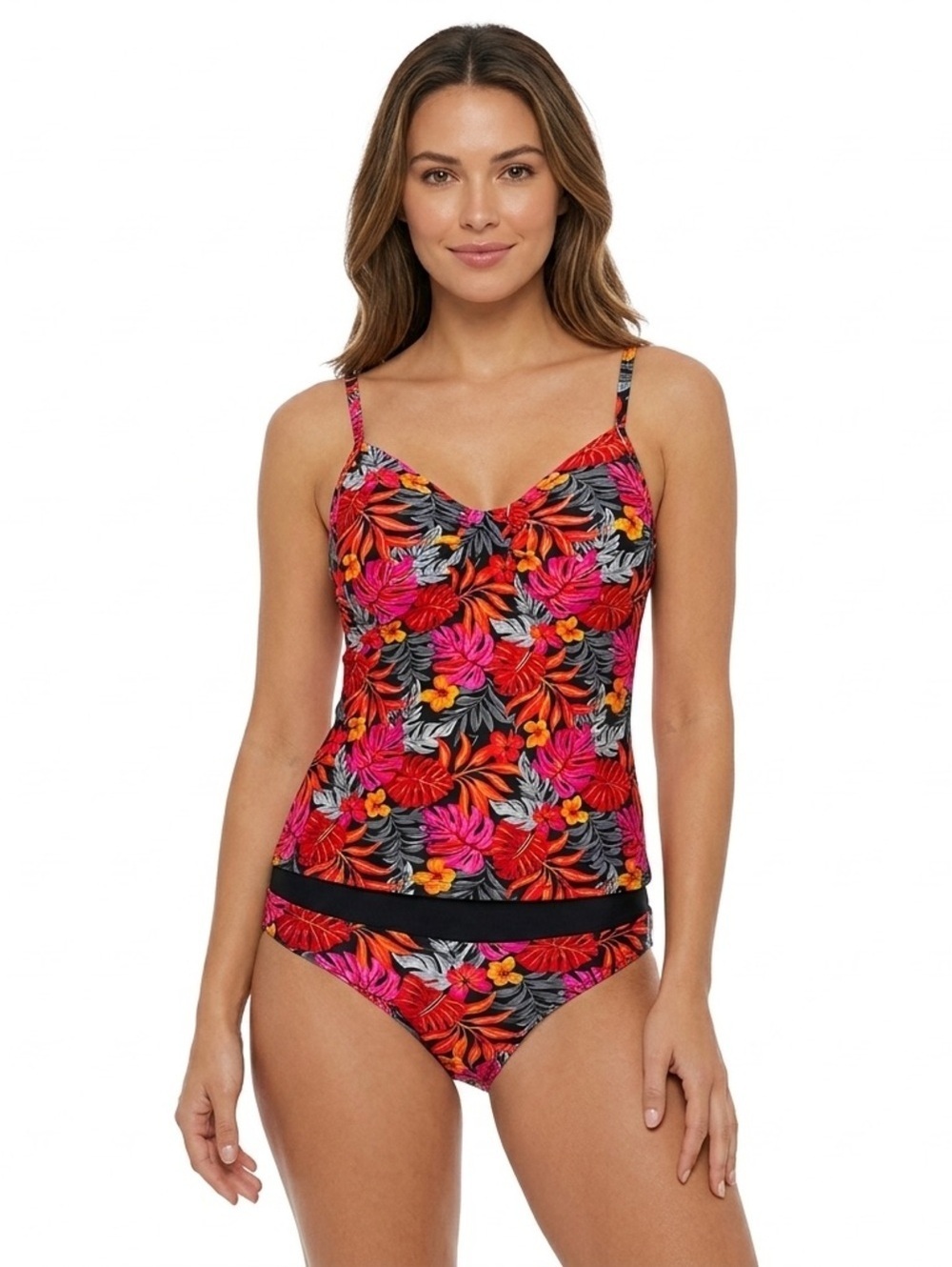 Heat Tropical Floral Tankini Bikini Set Black Pink Twist Front Size Small NWT